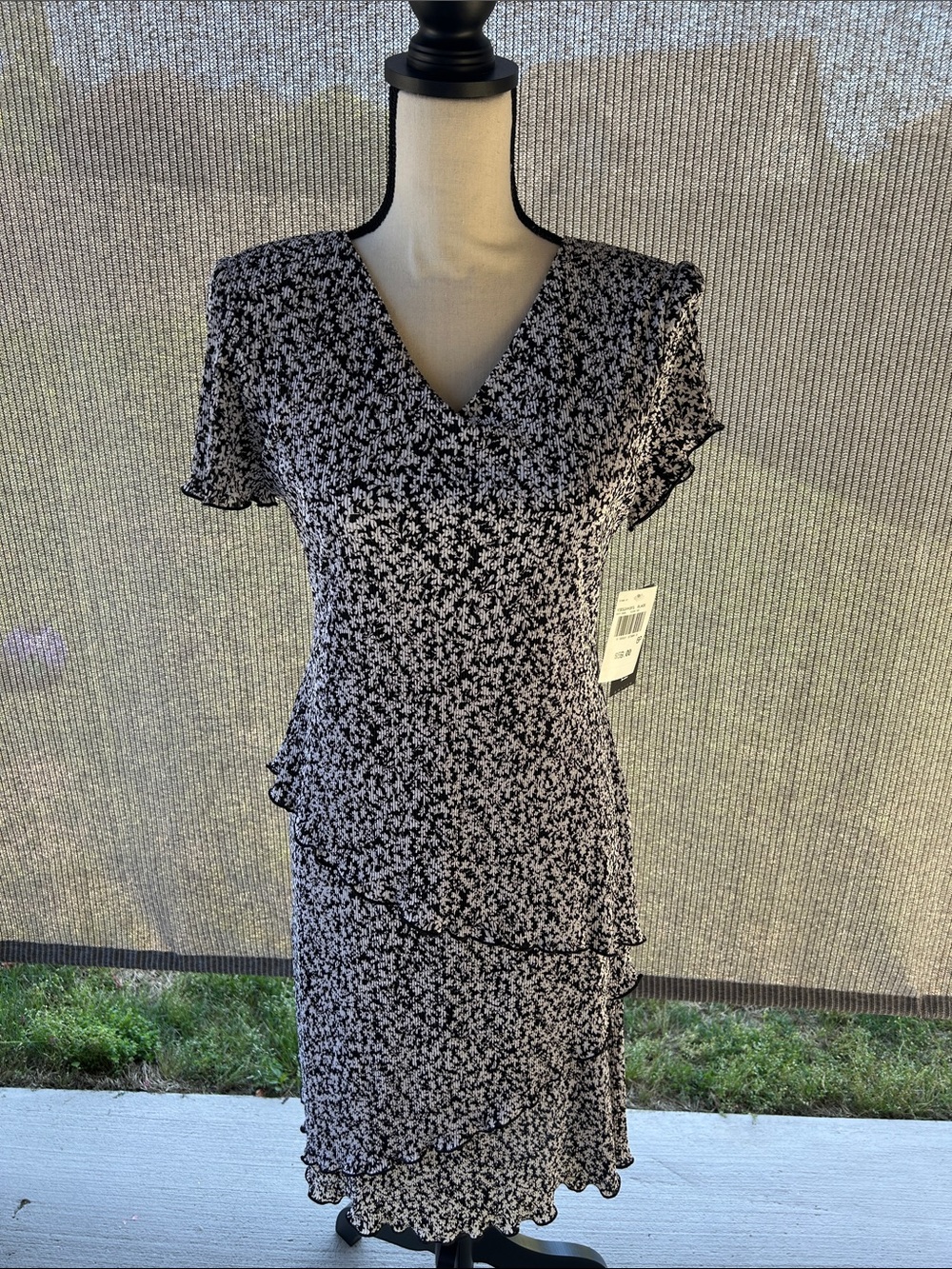 Floral V-Neck Midi Dress in Black and White